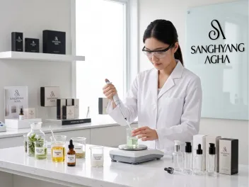 Rangkaian produk kosmetik pada podium marmer